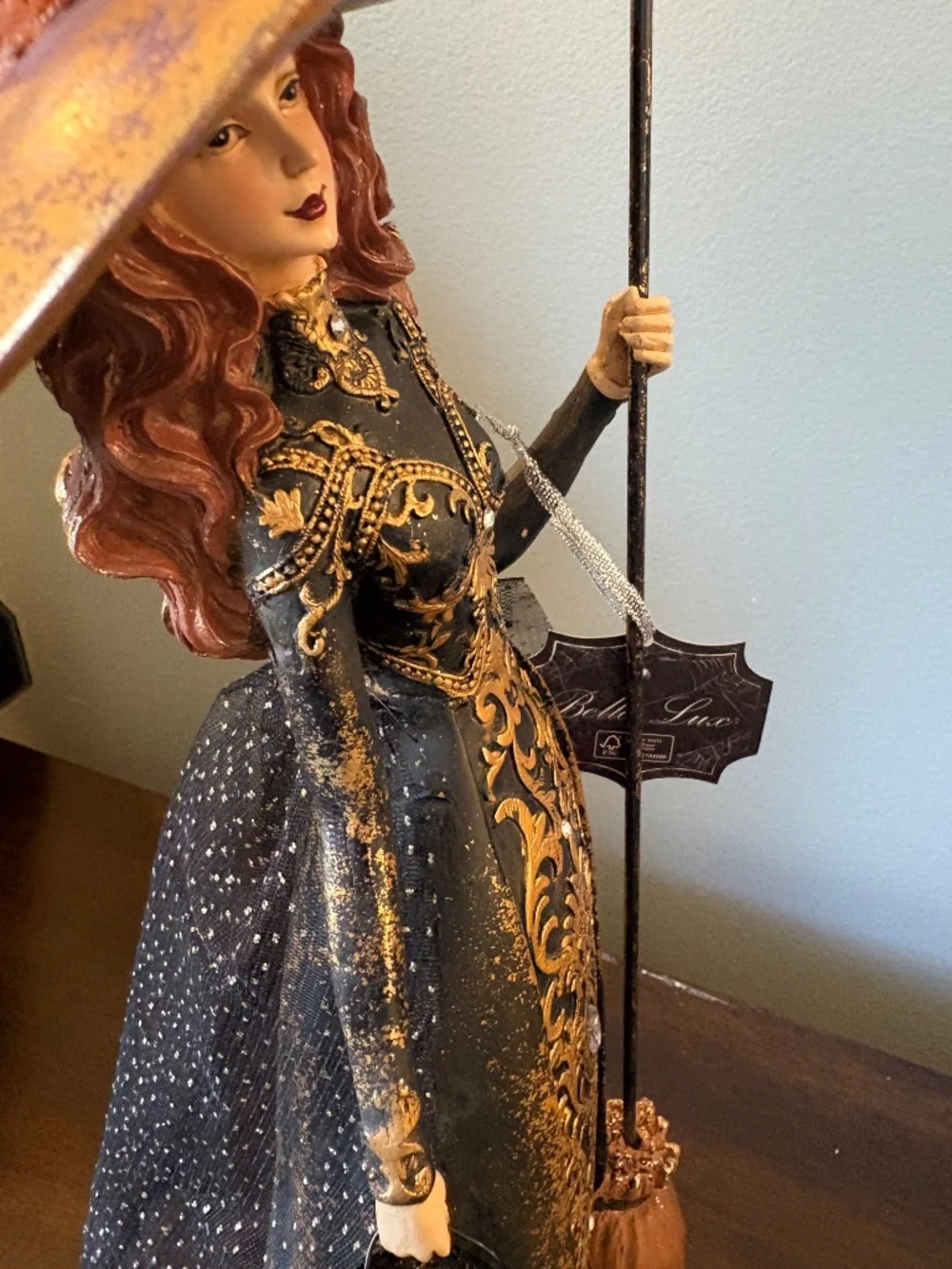 Bella Lux Halloween Witch Figurine Statue Black Gold Damask Dress Cauldron Broom